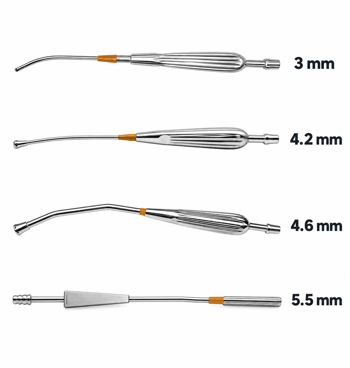 HNM Medical cardiac suction instruments in 3 mm, 4.2 mm, 4.6 mm and 5.5 mm tip sizes
